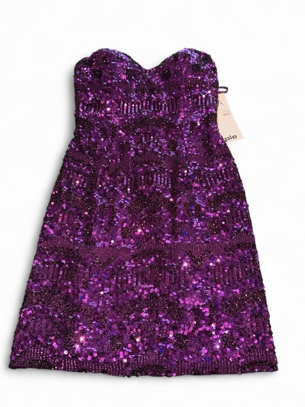 Scala 100% silk hand beaded Strapless Sequin Mini Dress in Purple